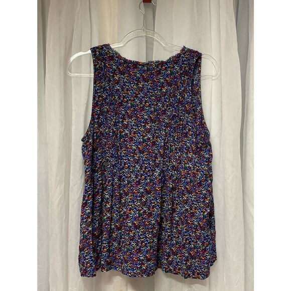 Anthropologie Maeve Womens Blue Print Button Up V-Neck boho Pleated Tank Top L - Picture 7 of 8